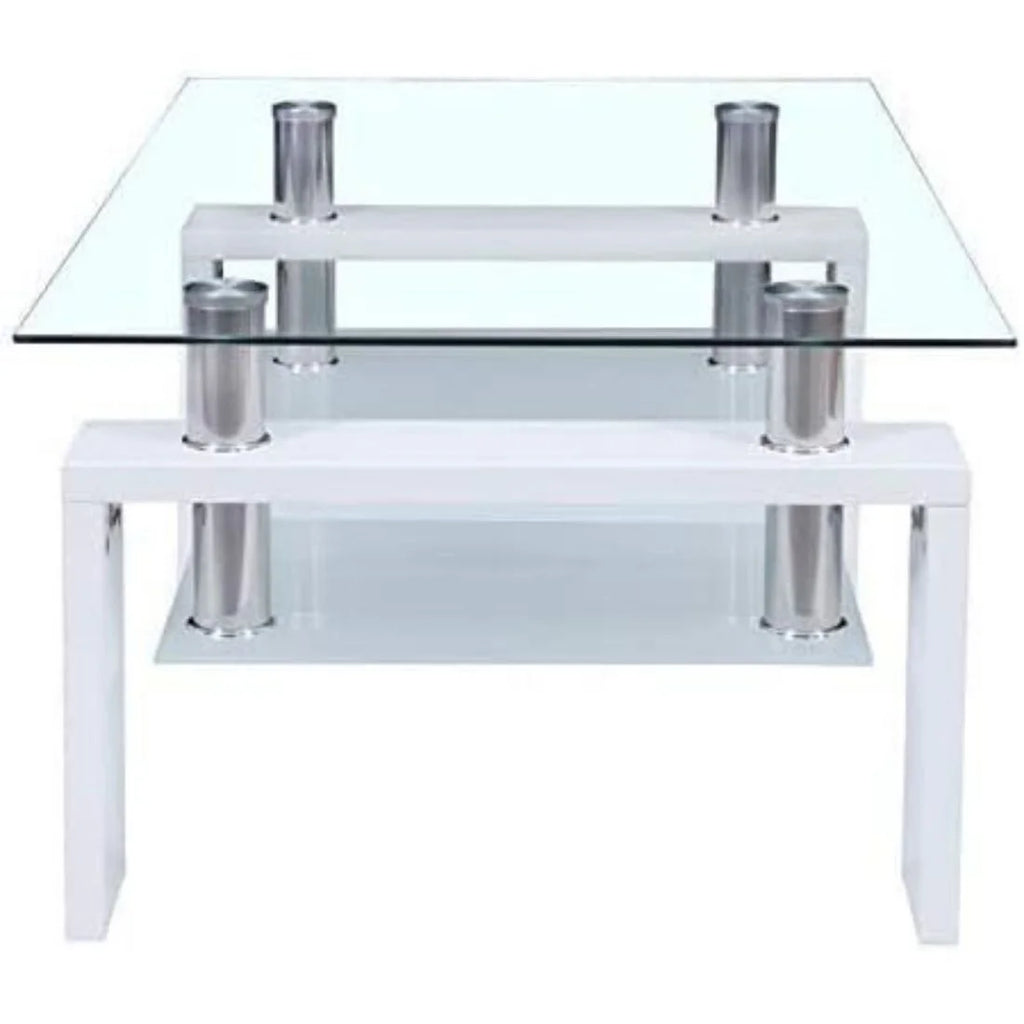 Glass Top White Coffee Table with Lower Shelf R719048