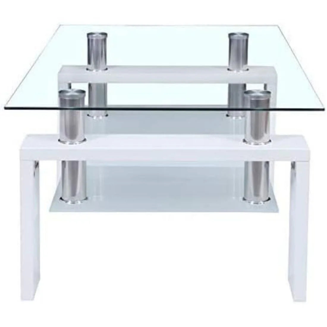 Glass Top White Coffee Table with Lower Shelf R719048