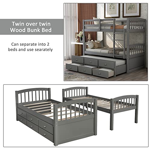 Twin Over Twin Solid Wood Bunk Bed with Storage Drawers and Trundle (Espresso) A65918
