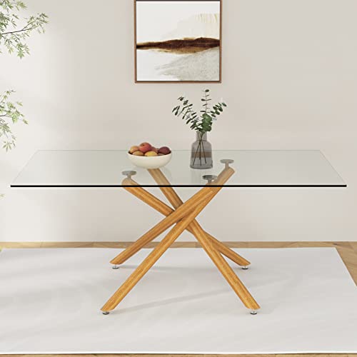 63 Inch Glass Dining Table with Tempered Glass Top and Silver Metal Legs N2930
