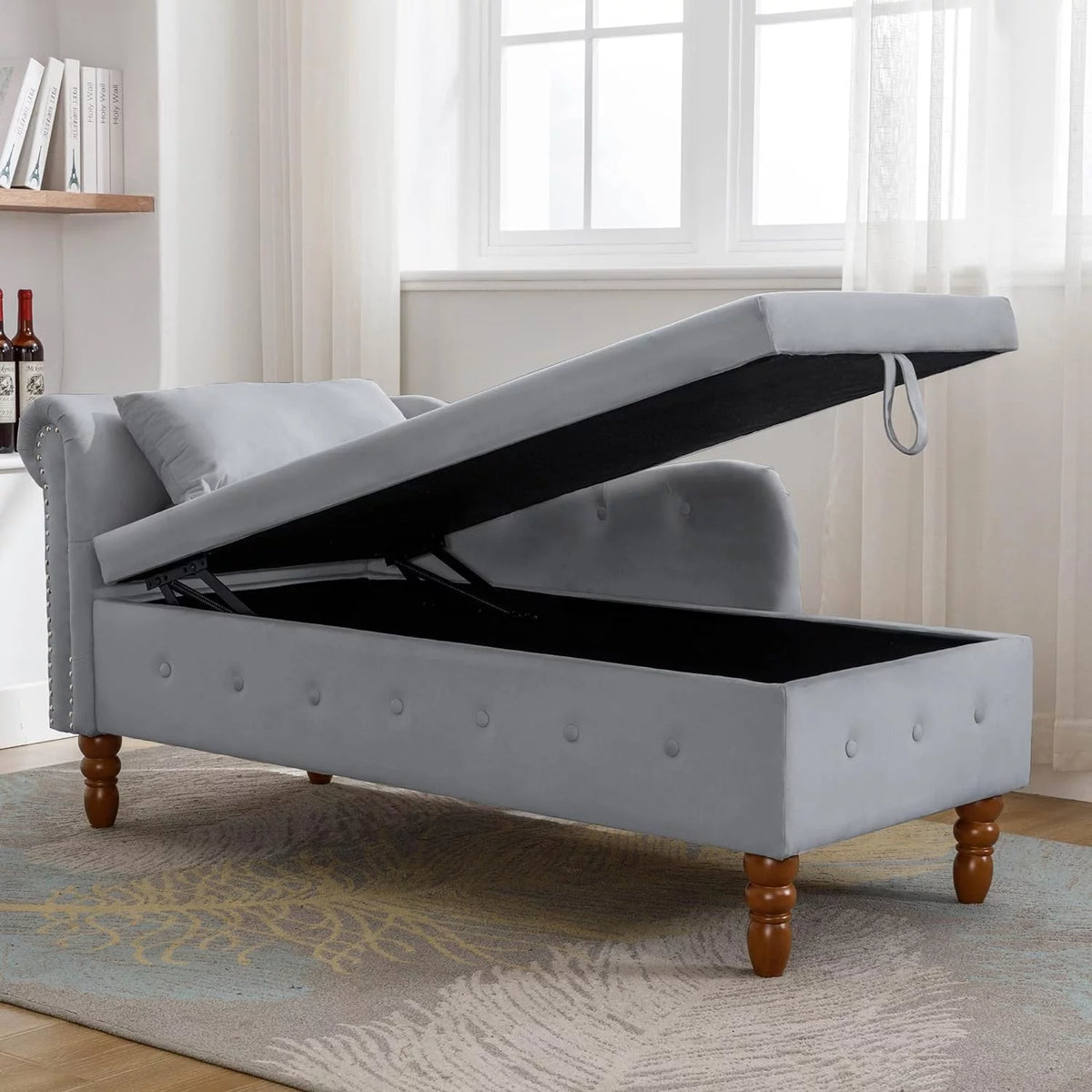 Grey Velvet Chaise Lounge Chair with Storage & Pillow R899