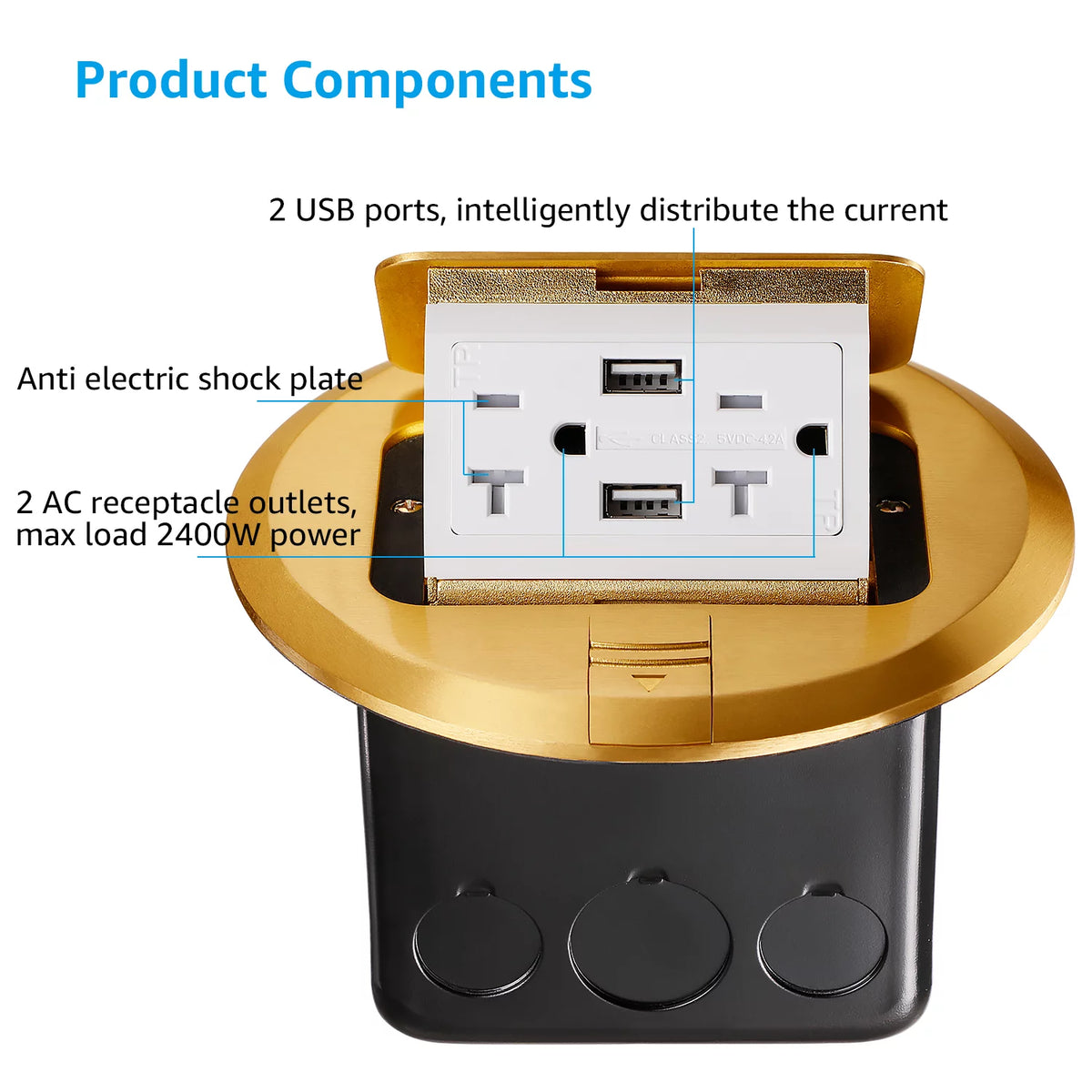 Brass Cover Electrical Floor Outlet Box 20A 2AC Receptacle Outlets 2 USB Ports Y1814
