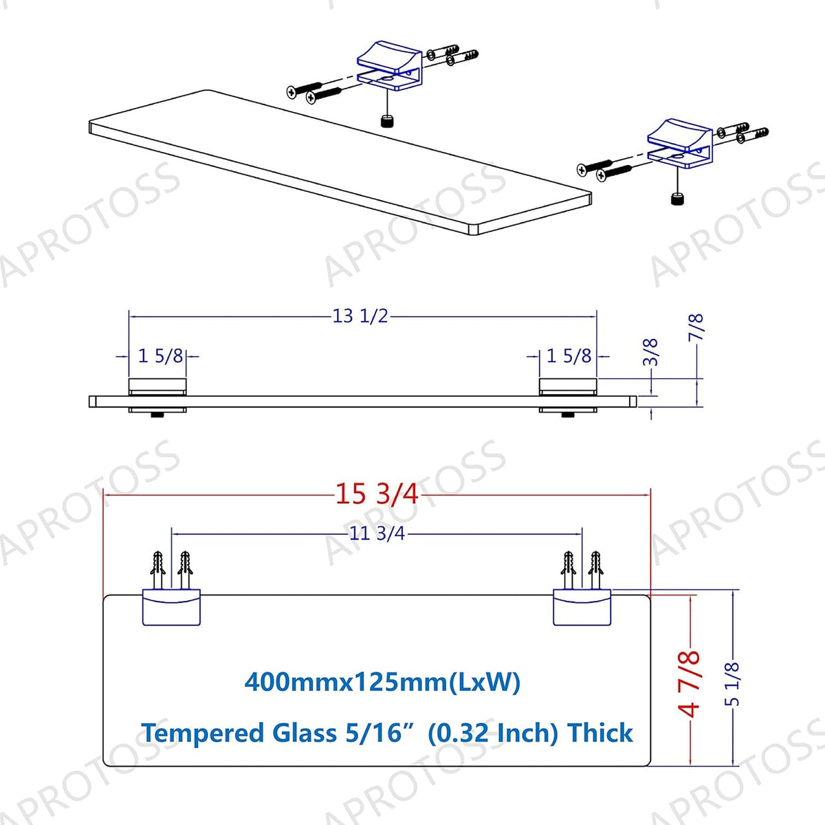 16 inches Glass Wall Shelf with Peacock Blue Brackets D38584