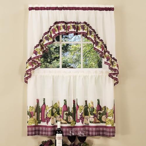Light Filtering Printed Tier & Swag Window Curtain Set, 57 Inch Length, 24 Inch Width, Chardonnay, Machine Washable S8305