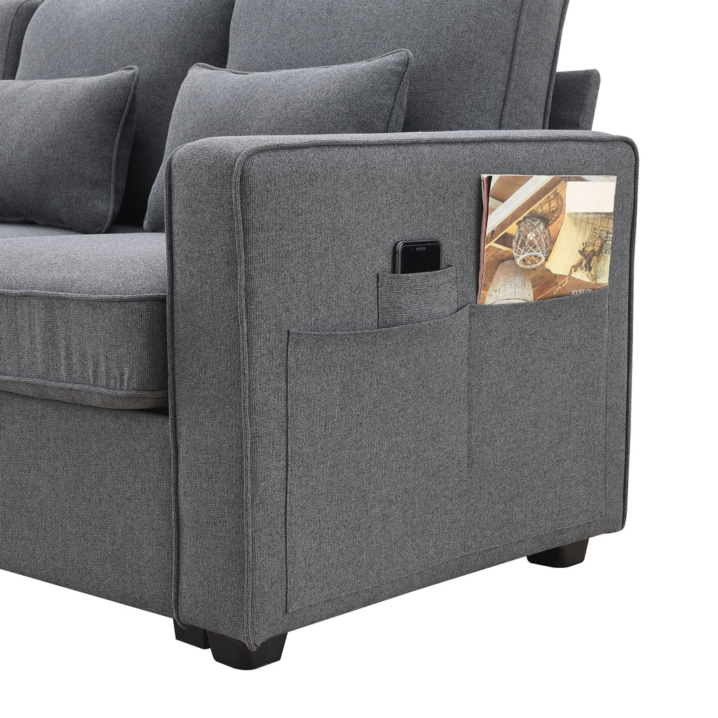 104" 4-Seater Linen Fabric Sofa with Armrest Pockets and 4 Pillows F45199