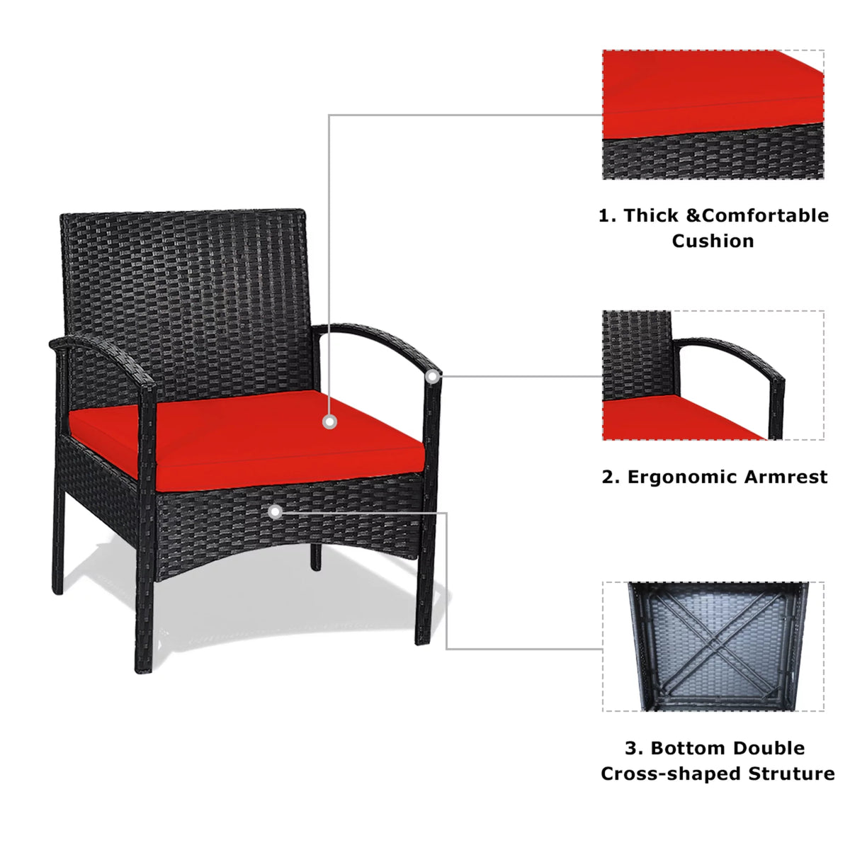 3 PCS Patio Wicker Rattan Furniture Set with Cushion V565