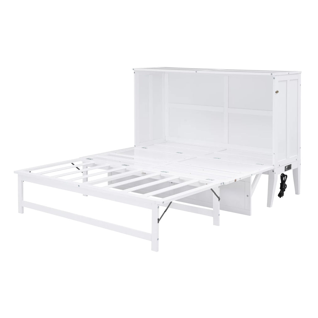 White Queen Size Murphy Bed with Charging Station and Shelf O797