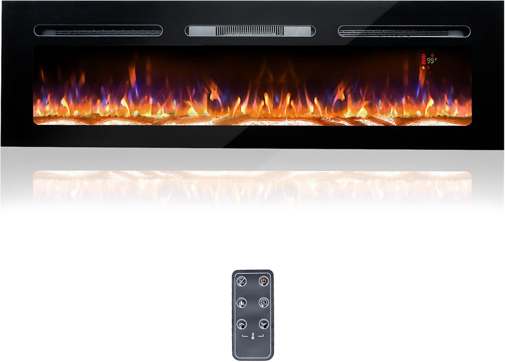 60 Electric Fireplace, Recessed & Wall Mounted, Ultra Thin, Low Noise, Remote Control, 1500W, Black S1920