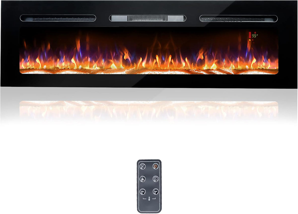 60 Electric Fireplace, Recessed & Wall Mounted, Ultra Thin, Low Noise, Remote Control, 1500W, Black S1920