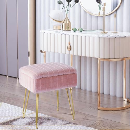 Pink Faux Fur Vanity Stool with Gold Metal Legs and Hidden Storage L3573