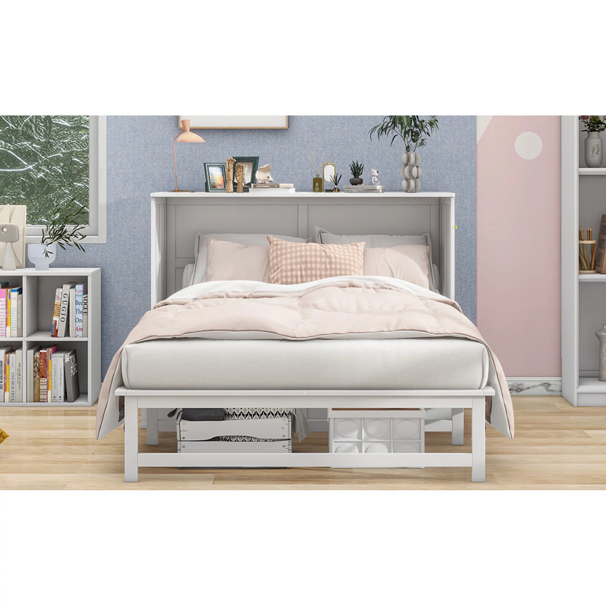 White Queen Size Murphy Bed with Charging Station and Shelf O797