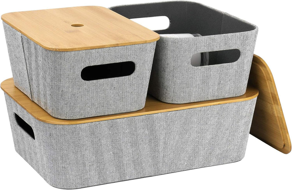 Light Gray Tweed Fabric Storage Basket Set of 3 with Bamboo Lid S40704