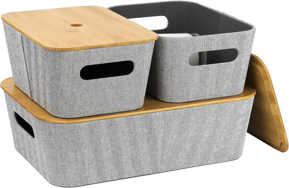 Light Gray Tweed Fabric Storage Basket Set of 3 with Bamboo Lid S40704