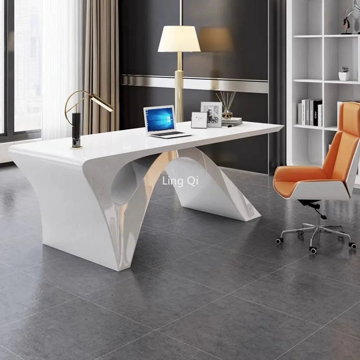 White Office Desk with Filing Cabinets Q8450