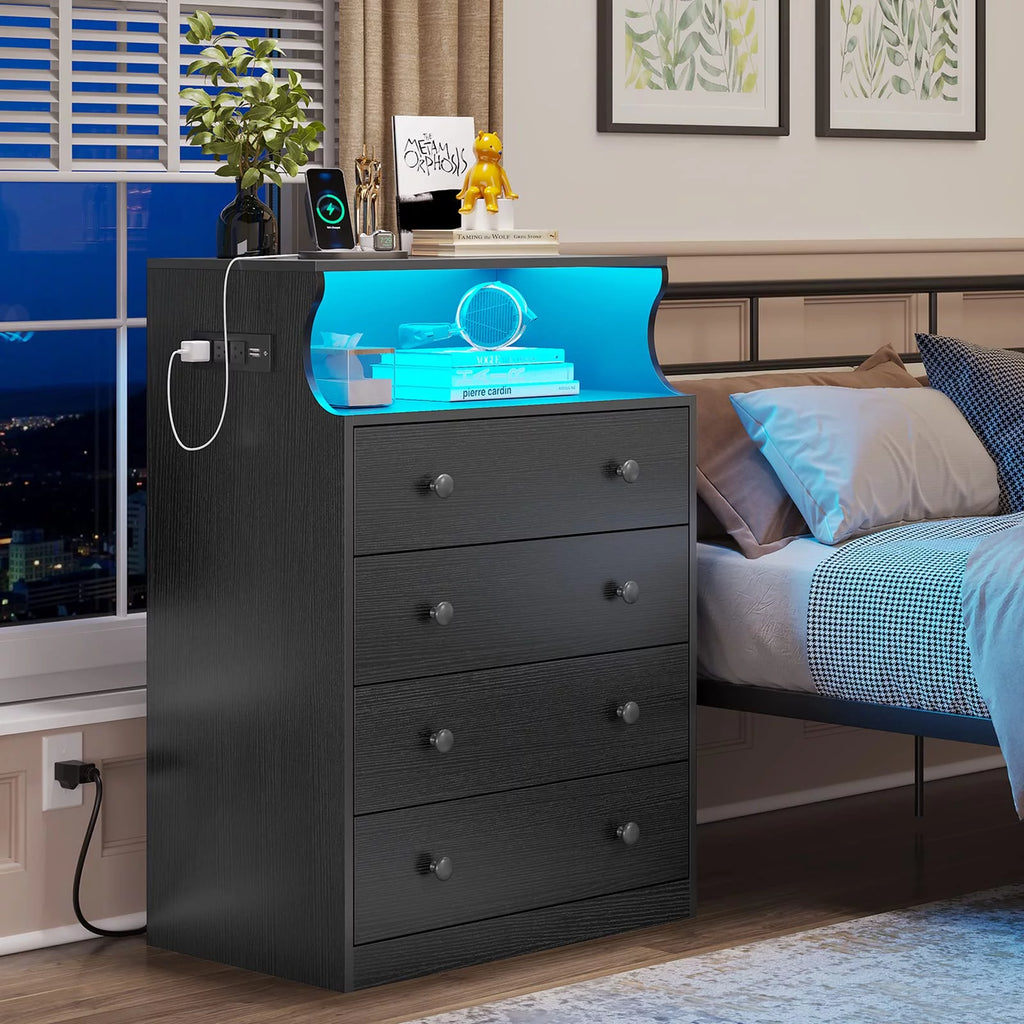 Black 4 Drawer Dresser with LED Lights and Charging Station Q569252