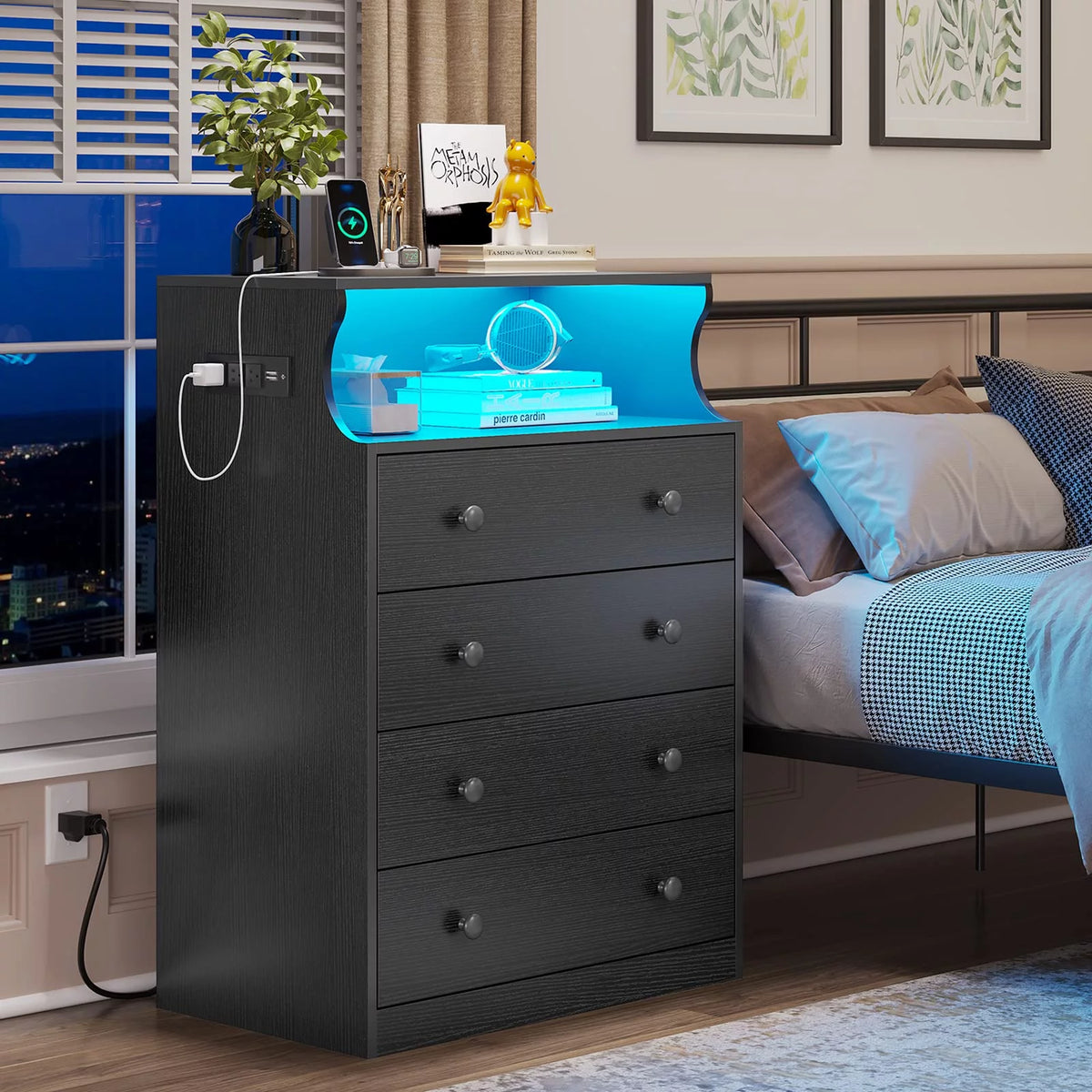Black 4 Drawer Dresser with LED Lights and Charging Station Q569252