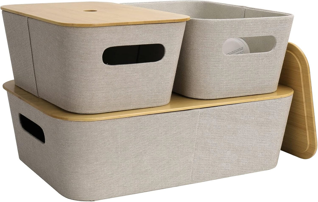Light Gray Tweed Fabric Storage Basket Set of 3 with Bamboo Lid S40704