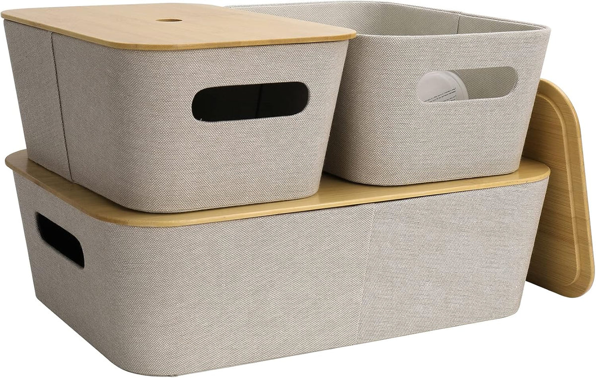 Light Gray Tweed Fabric Storage Basket Set of 3 with Bamboo Lid S40704