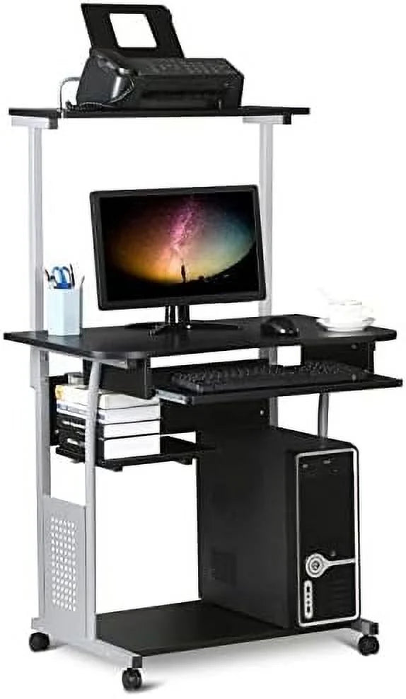 2 Tier Mobile Computer Desk with Printer Shelf Black F619