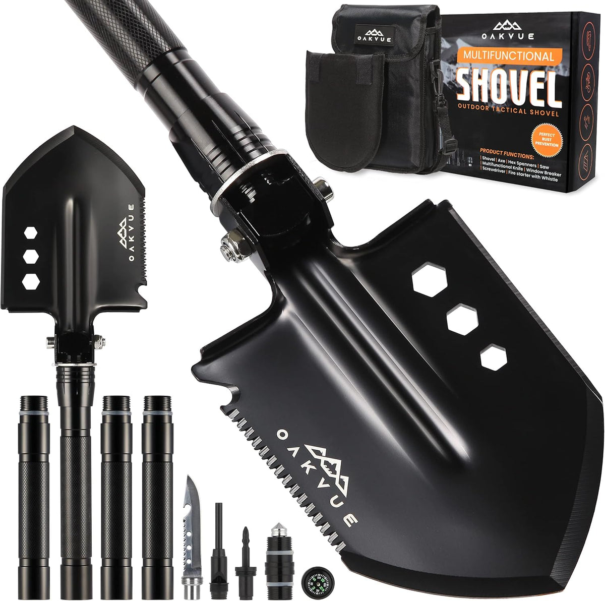 Survival Shovel Multitool with Carry Pouch, 180 Degree Folding High Carbon Steel Shovel S2204