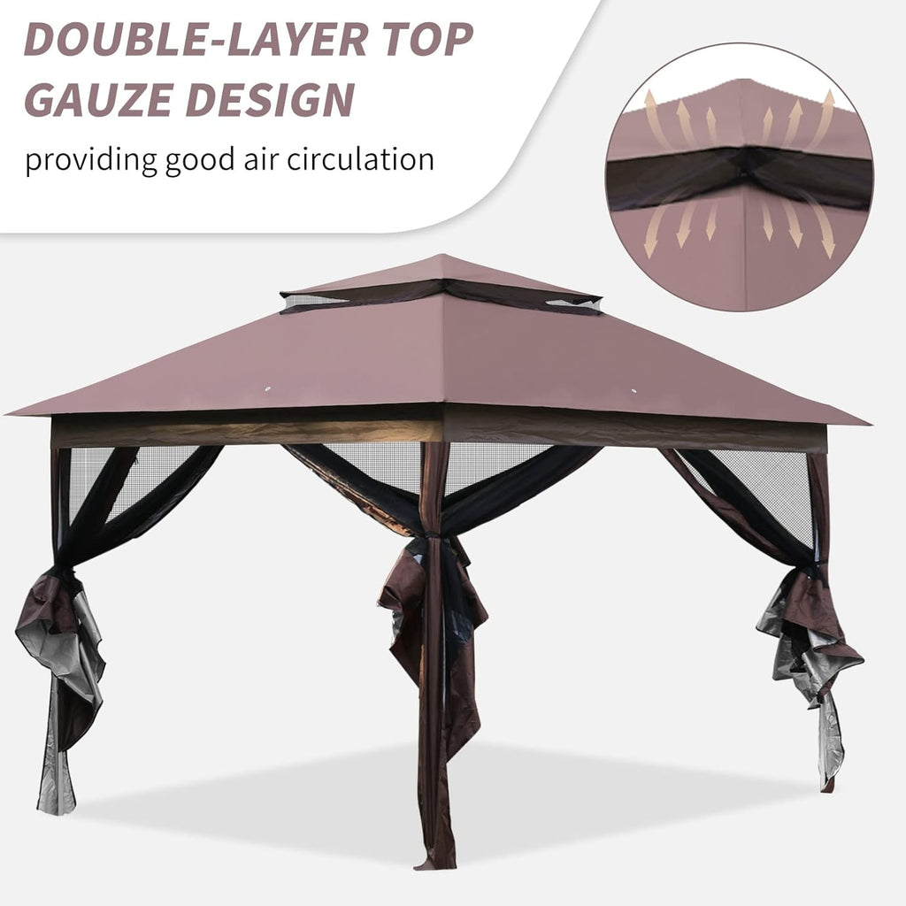 10'x10' Brown Pop Up Gazebo with Mosquito Netting Double Roof O255306