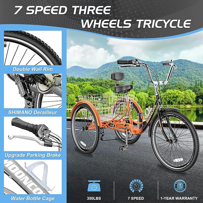 Adult Tricycles 7 Speed 20/24/26 Inch Three Wheel Bike Cruiser Trike with Low-Step Through Frame, Large Basket, Backrest Saddle M297698