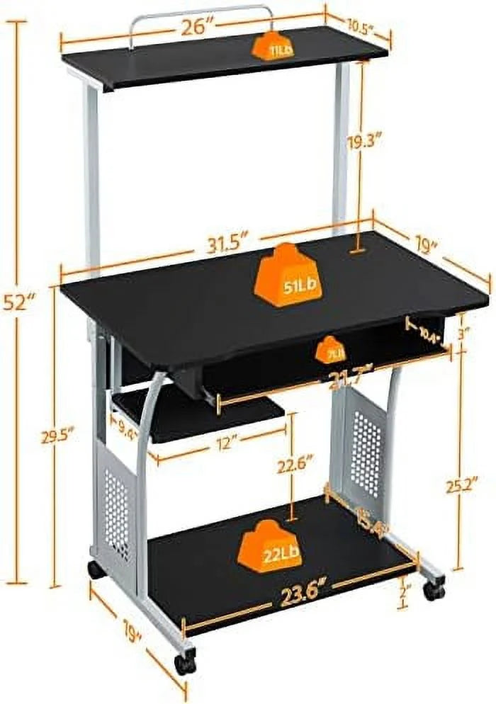 2 Tier Mobile Computer Desk with Printer Shelf Black F619