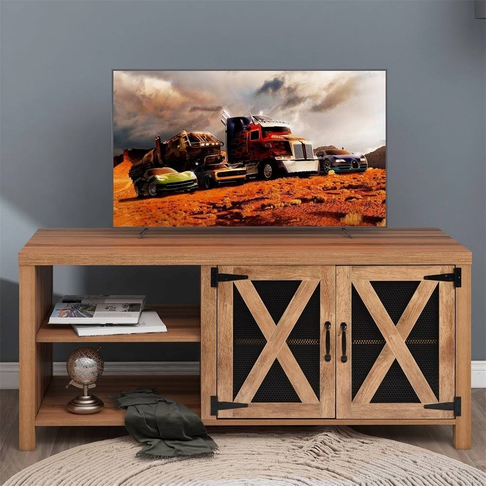 Grey TV Stand with Barn Door 2 Open Compartments J45878