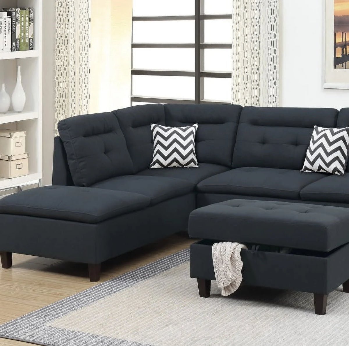 Black Sectional Sofa with Storage Ottoman E294