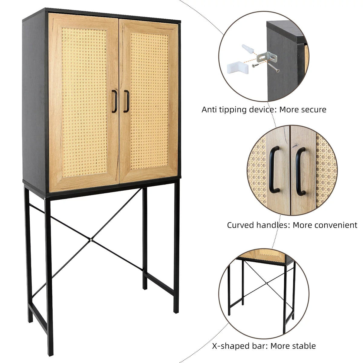 Wooden Cabinet with 2 Rattan Doors and 3-Tier Shelving S15010