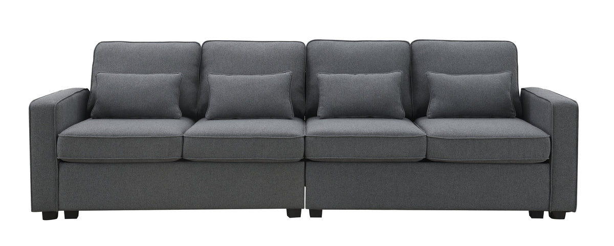 104" 4-Seater Linen Fabric Sofa with Armrest Pockets and 4 Pillows F45199
