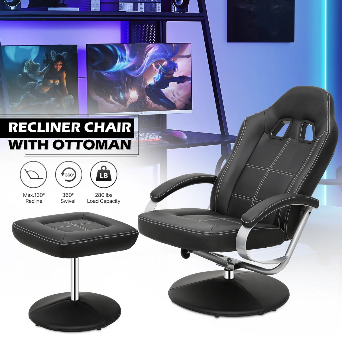 Black PU Leather Swivel Recliner with Ottoman W9437