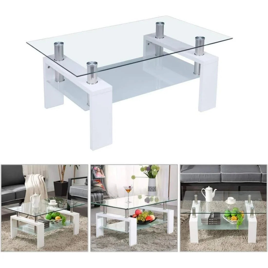 Glass Top White Coffee Table with Lower Shelf R719048