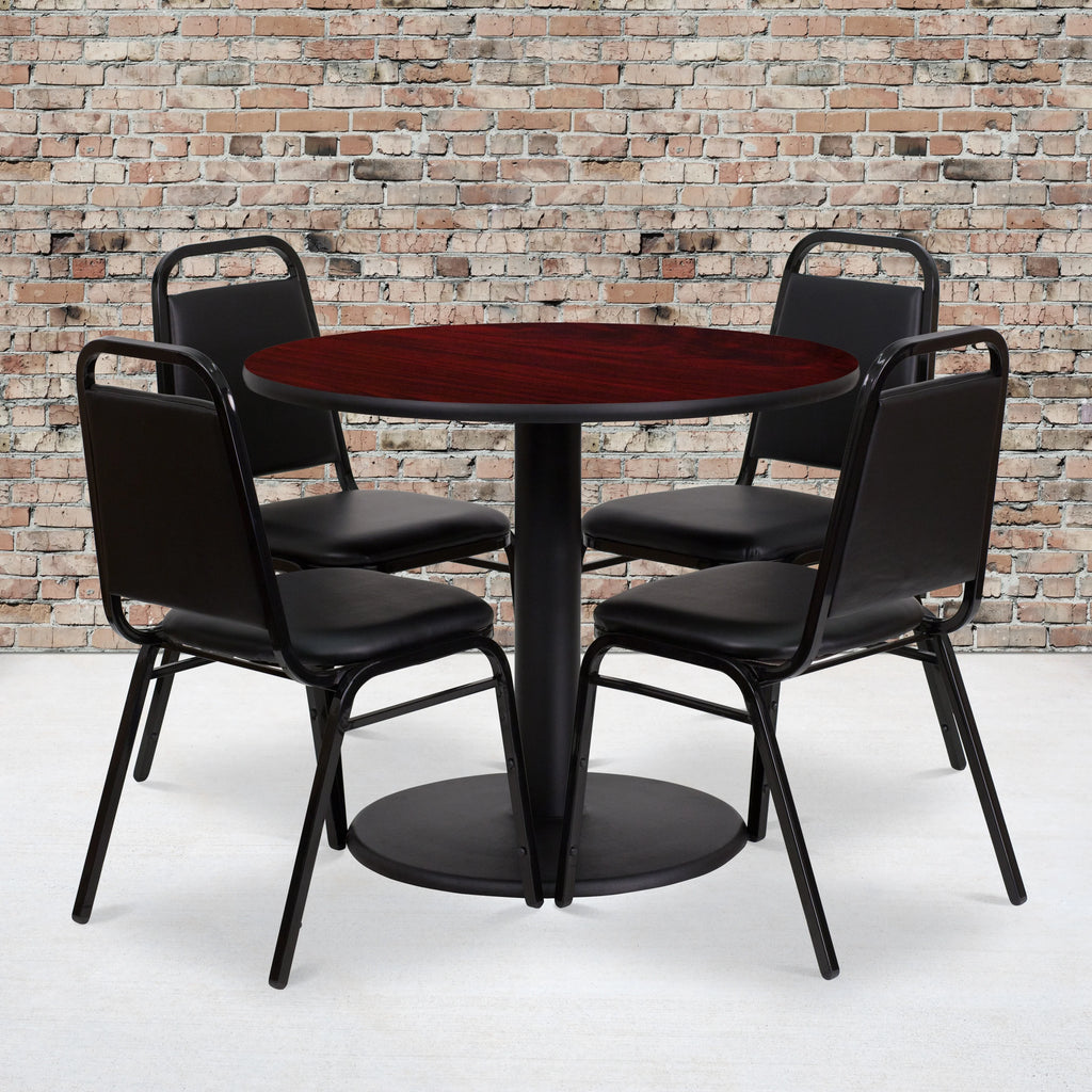 Mahogany Laminate Table Set with 4 Black Banquet Chairs I6577