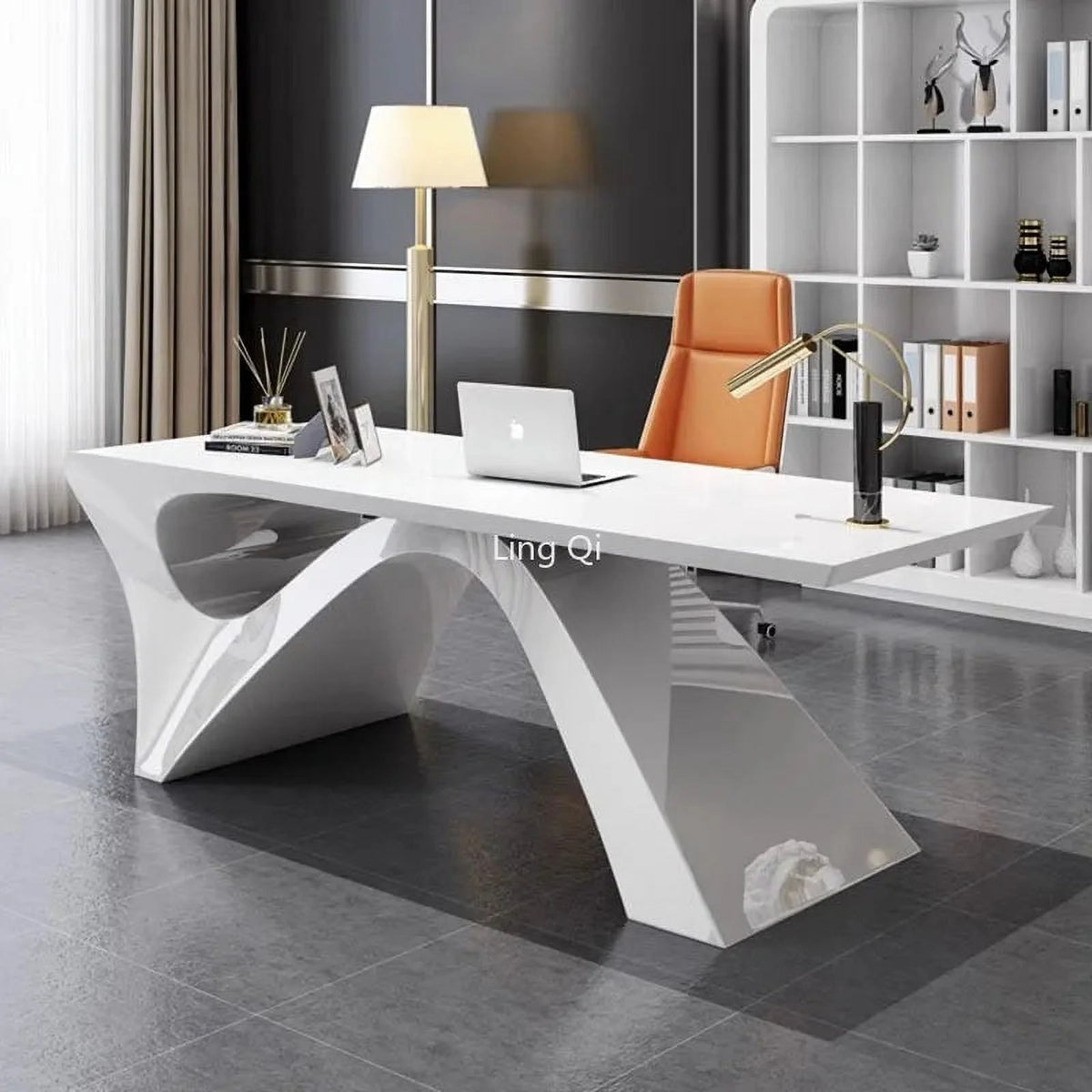 White Office Desk with Filing Cabinets Q8450