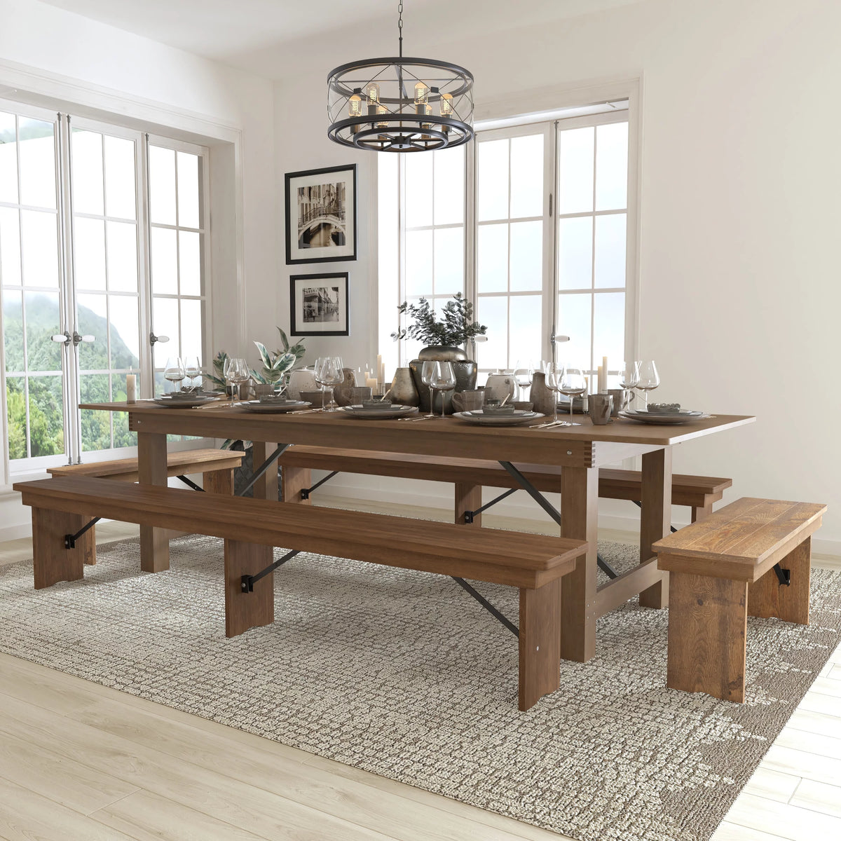 9' x 40'' Antique Rustic Folding Farm Table and Four Bench Set C736844