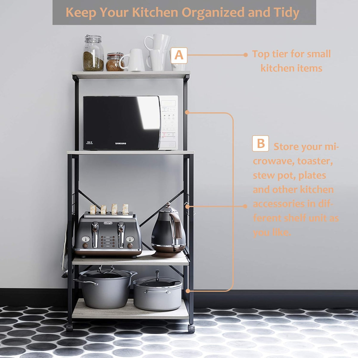 4 Tier Kitchen Baker's Rack with Side Hooks D12930