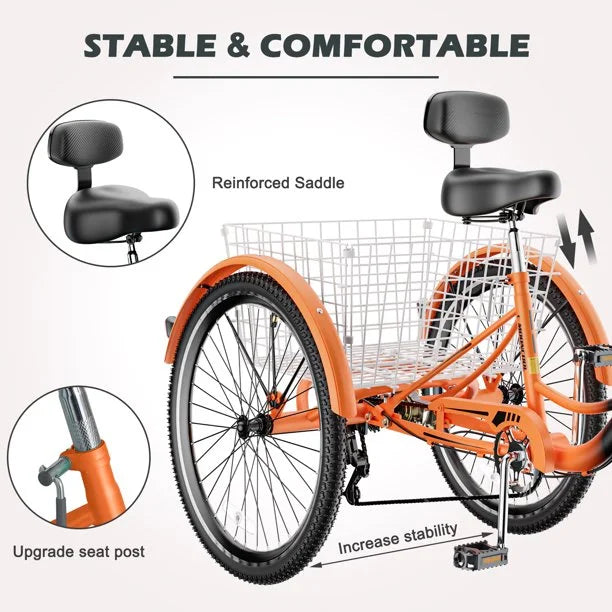 Adult Tricycles 7 Speed 20/24/26 Inch Three Wheel Bike Cruiser Trike with Low-Step Through Frame, Large Basket, Backrest Saddle M297698