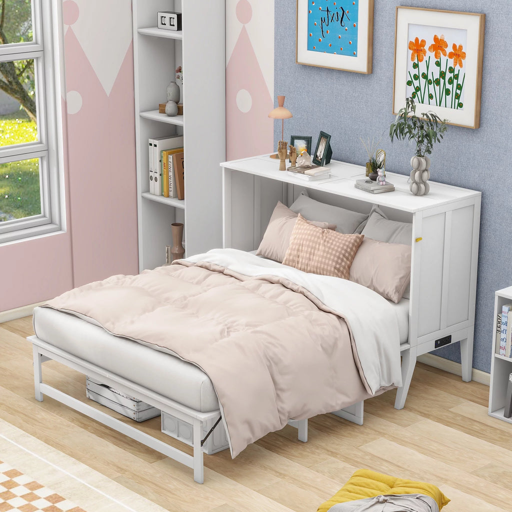 White Queen Size Murphy Bed with Charging Station and Shelf O797