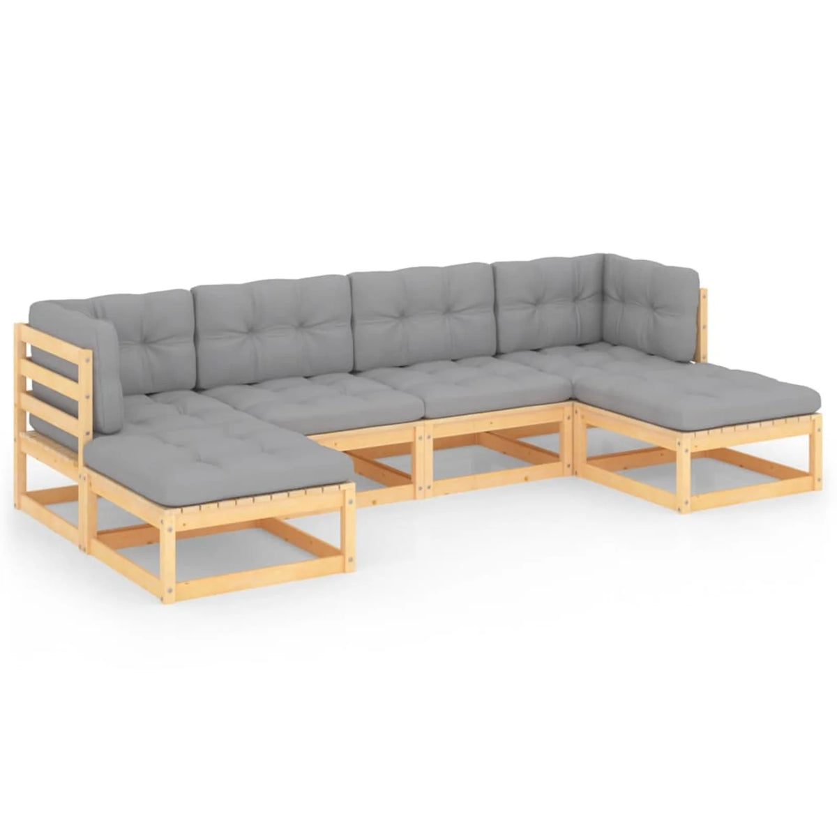 6 Piece Gray Cushioned Corner Sofa and 2 Middle Sofas with 2 Footstool Pinewood Sectional Outdoor Furniture Set K1903