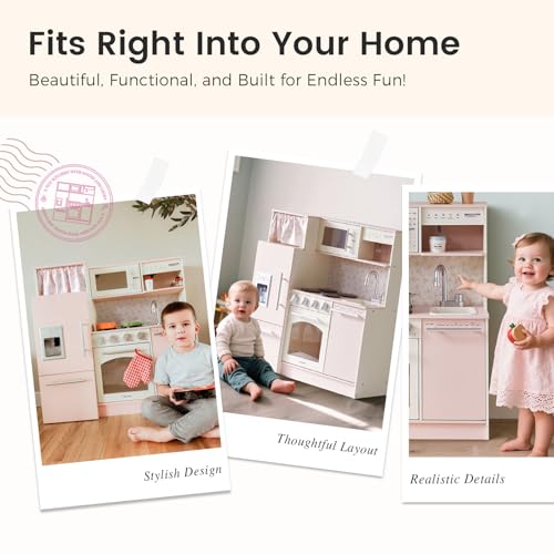 Wooden Play Kitchen with Sink, Stove, Microwave and Storage V4156