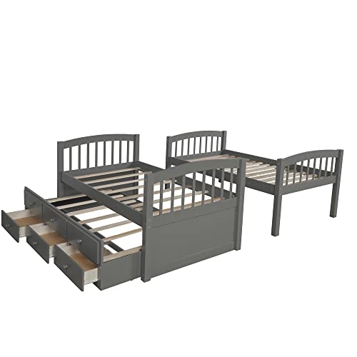 Twin Over Twin Solid Wood Bunk Bed with Storage Drawers and Trundle (Espresso) A65918