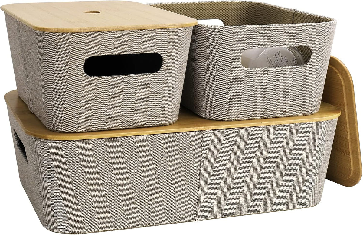 Light Gray Tweed Fabric Storage Basket Set of 3 with Bamboo Lid S40704