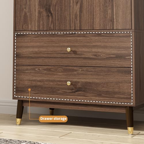 Brown Wooden Wardrobe Armoire with 2 Doors, 2 Drawers, Hanging Rod B475961