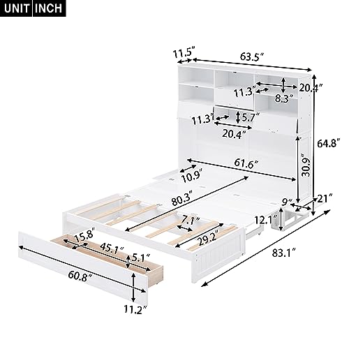 White Queen Size Murphy Bed with Bookcase and Drawer L3580