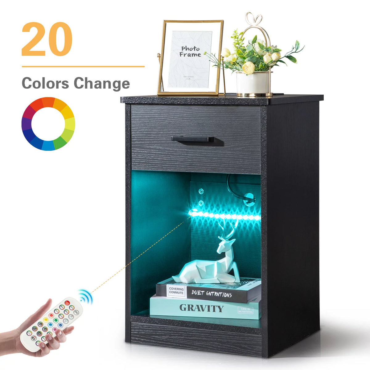 Black Wooden Nightstand with Drawer O79574
