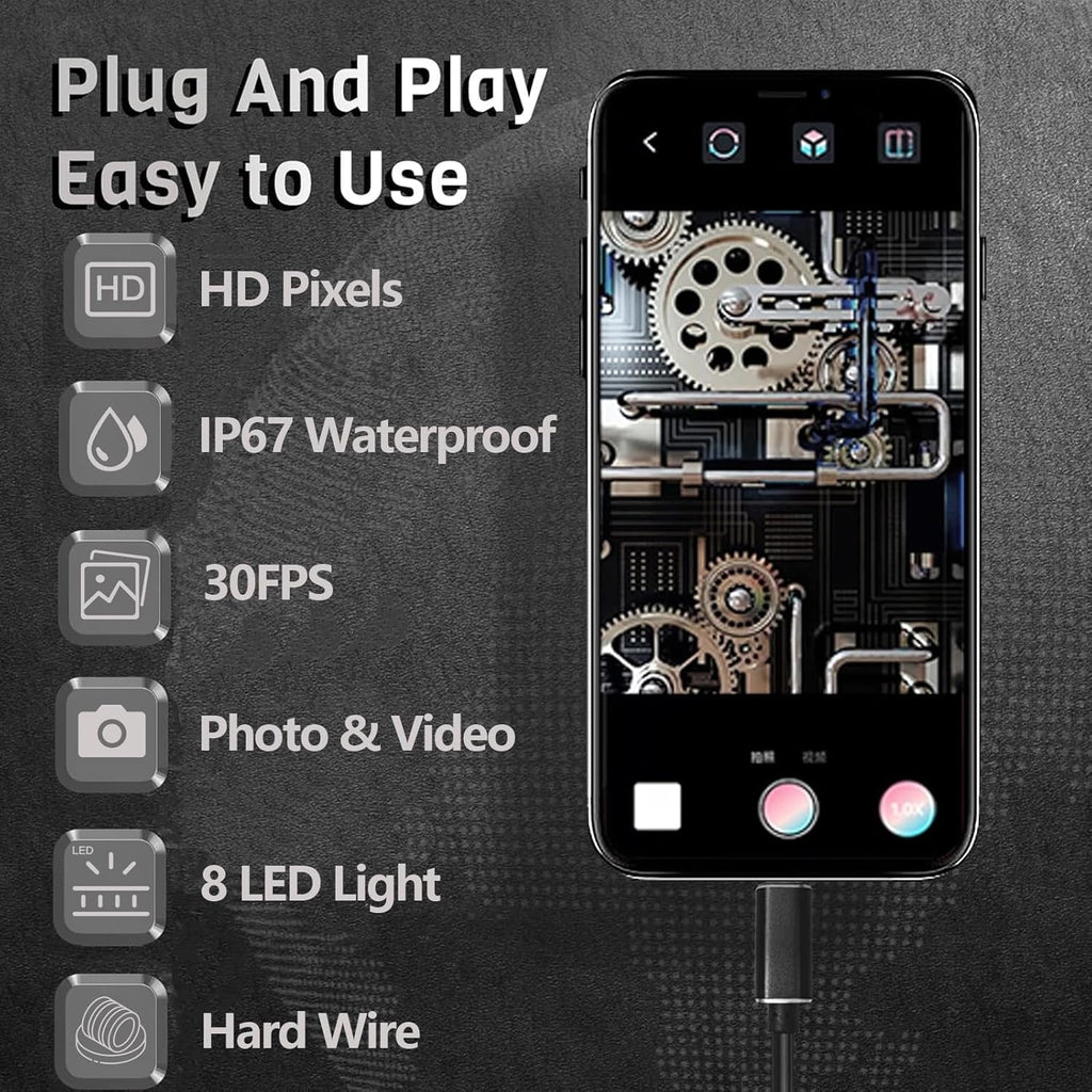 1920P HD Borescope with 8 Adjustable LED Lights, 16.4ft Semi-Rigid Cord, 7.9mm Industrial Endoscope O437849