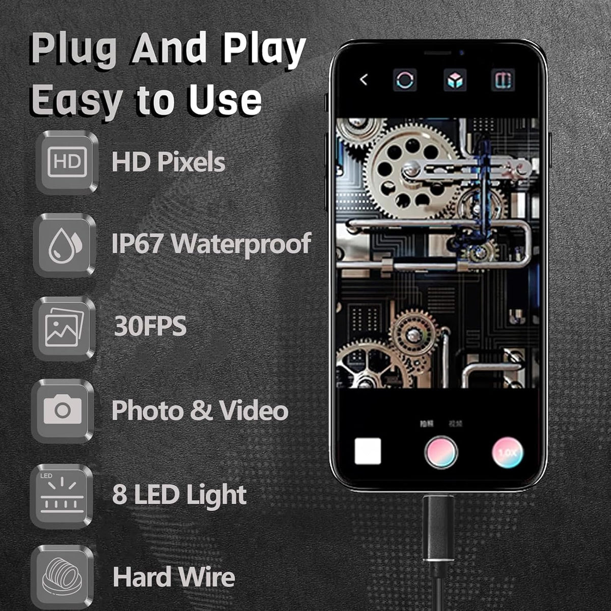 1920P HD Borescope with 8 Adjustable LED Lights, 16.4ft Semi-Rigid Cord, 7.9mm Industrial Endoscope O437849