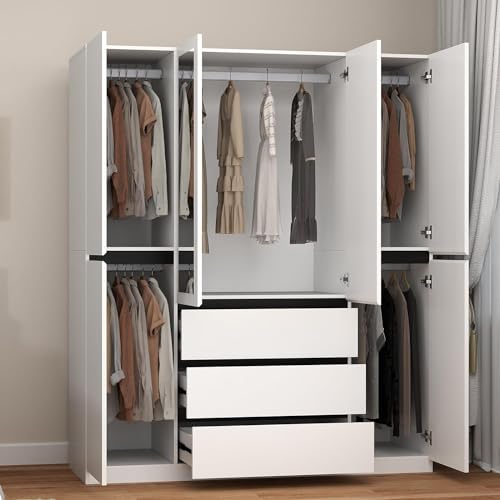 White 4 Door Wooden Armoire Wardrobe with Mirror P8933