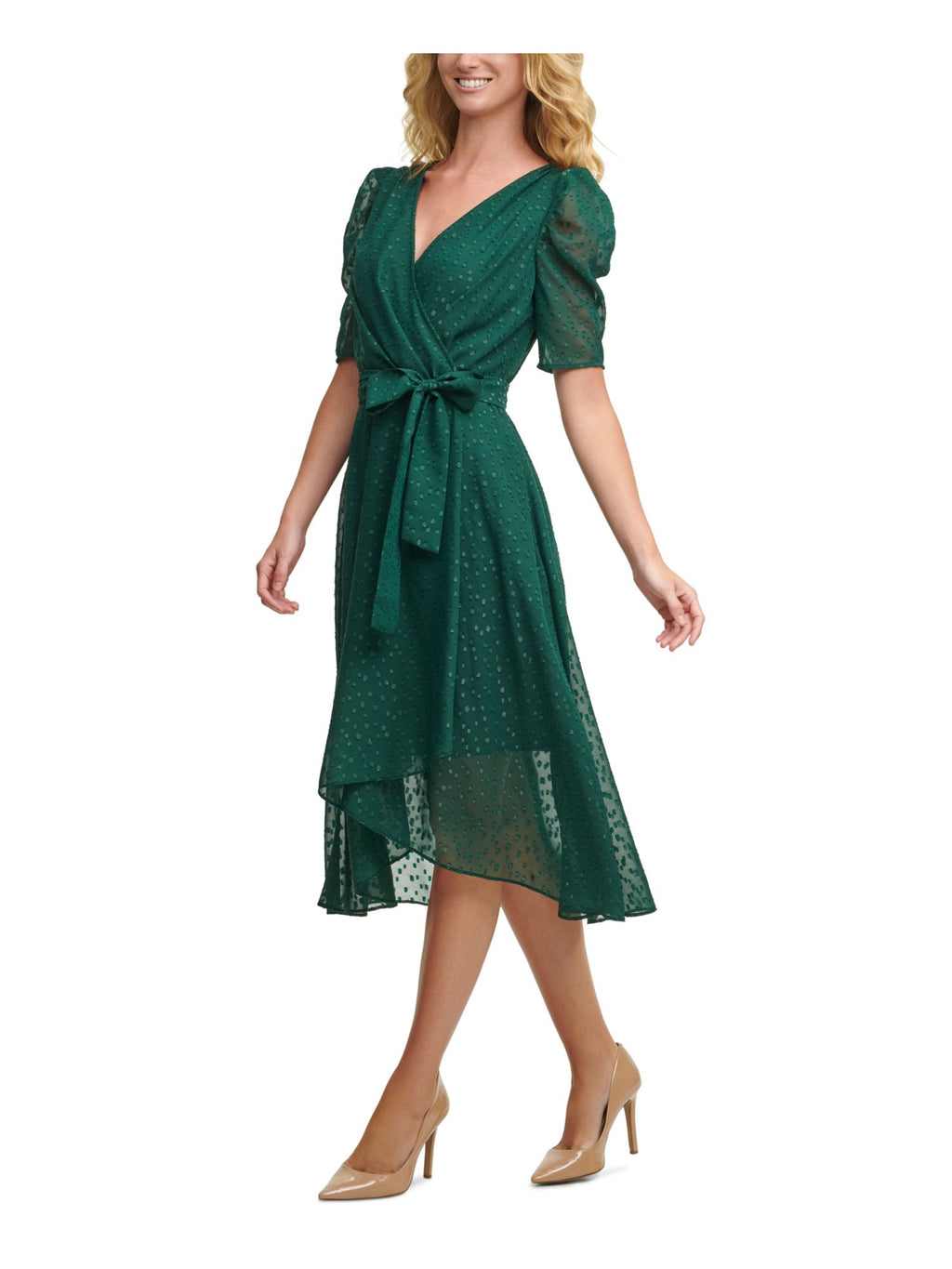 Green Tie Zippered Glitter-dot Pouf Sleeve Surplice Neckline Midi Fit Flare Dress O407038
